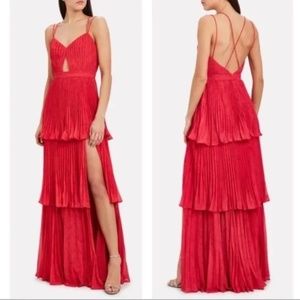 AMUR Dominique Pleated Lace Print Tiered Maxi Dress Pink/Red 0